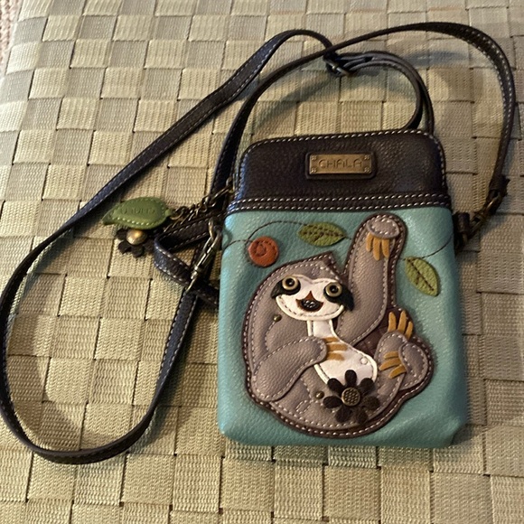 CHALA Crossbody SLOTH Women's Teal Cell Purse Leather Mini bag Adjustable Strap - Picture 1 of 7